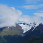 A mountain with snow on it and clouds in the sky.