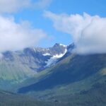 A mountain with clouds in the sky above it.