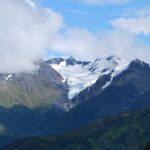 A mountain range with snow on it and clouds in the sky.