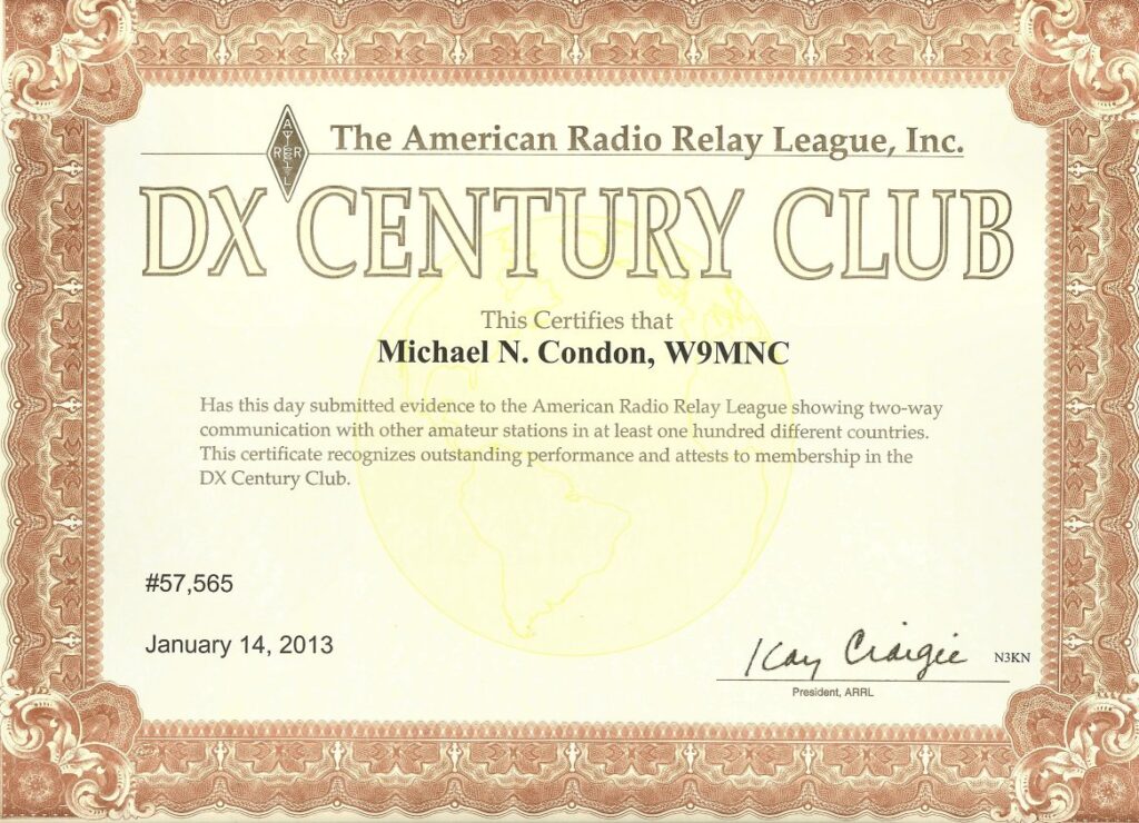 A certificate of authenticity for an amateur radio station.