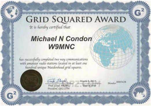 A certificate of appreciation for the grid squared award.