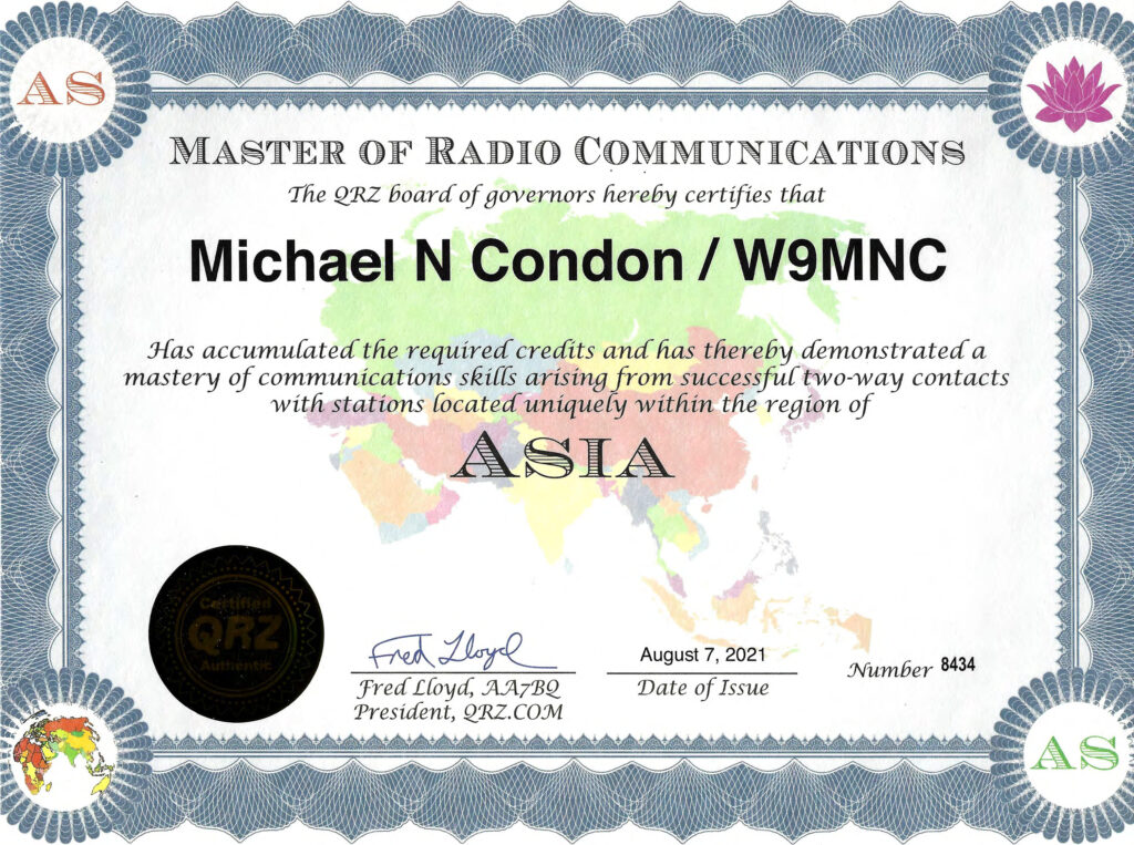 A certificate of authenticity for an amateur radio