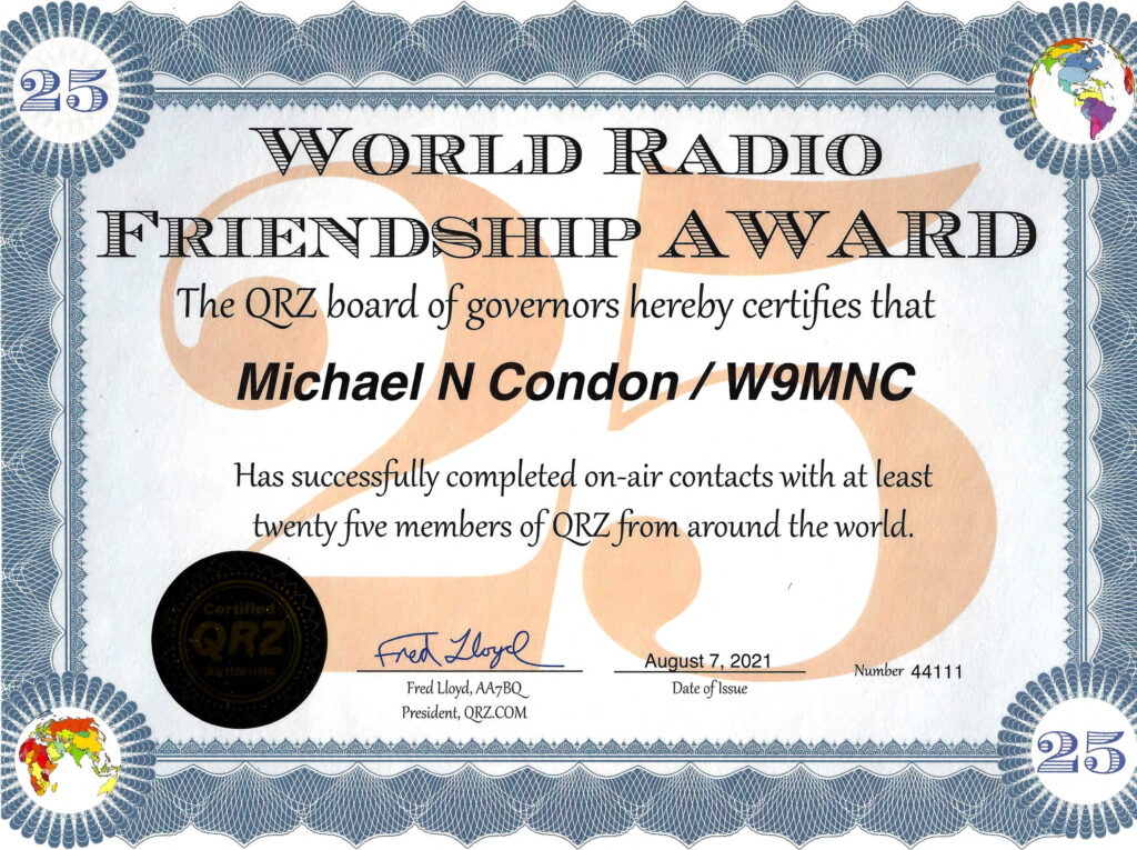 A certificate of appreciation for the world radio